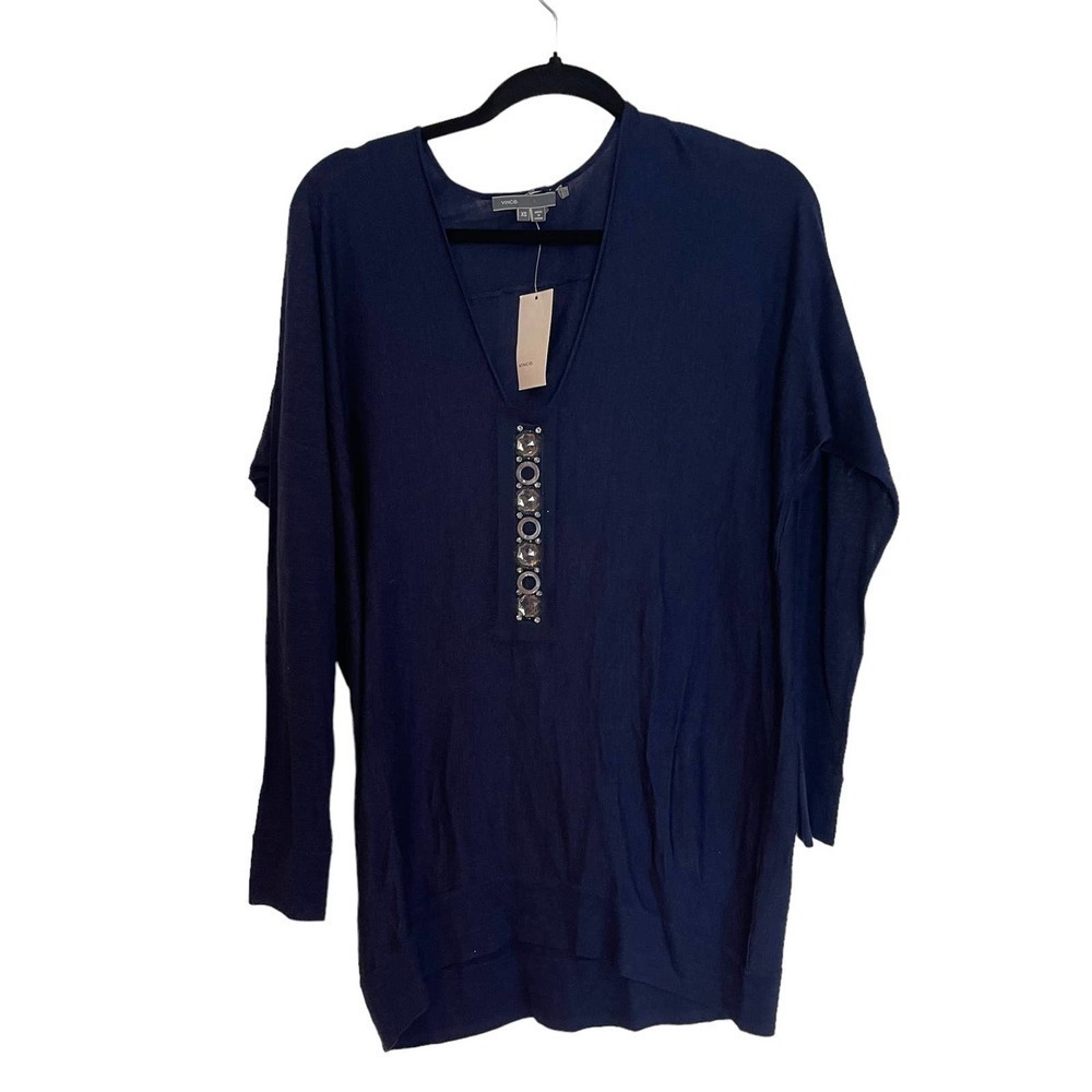 Vince Silk Wool Blend Tight Knit V-Neck Pullover Oversized Size XS NWT